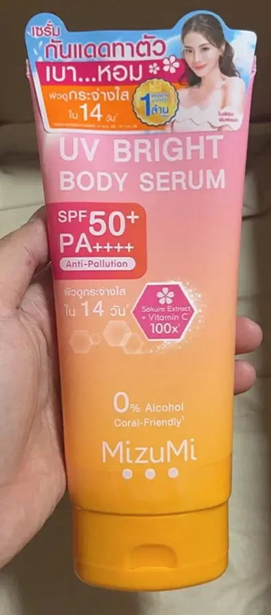 MizuMi UV Body Serum product packaging held in hand
