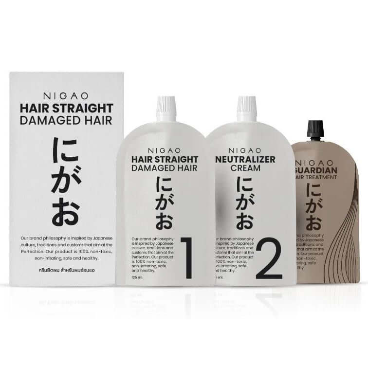 NIGAO Hair Straight Cream set for damaged hair consisting of straightening cream and neutralizer, promoting sleek hair.