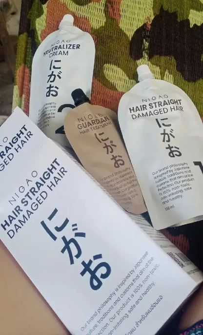 NIGAO Hair Straight Cream and other products for damaged hair in packaging, showcasing Japanese hair care solutions.