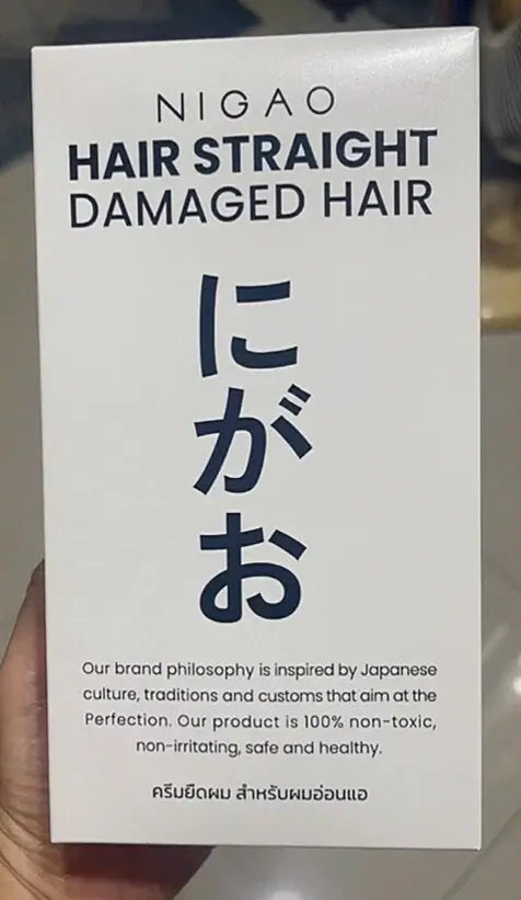 NIGAO Hair Straight Cream packaging for damaged hair, featuring Japanese-inspired design and non-toxic formula, 125ml.