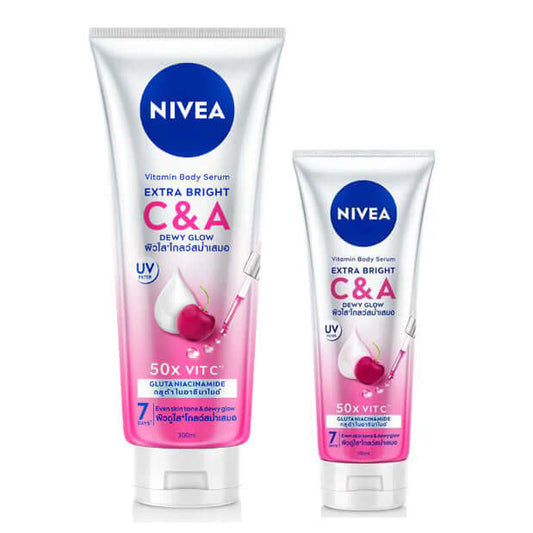 NIVEA Extra Bright C and A Body Serum tubes in 300ml and 170ml sizes on a plain background.