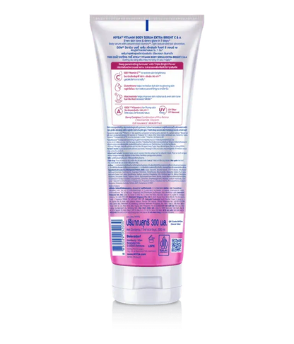 Back view of NIVEA Extra Bright C and A Body Serum tube displaying ingredients and directions.