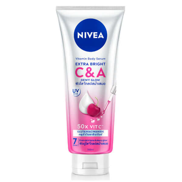 Front view of NIVEA Extra Bright C and A Body Serum 300ml tube showing product label and cherry graphic.