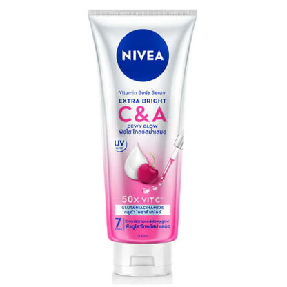 Front view of NIVEA Extra Bright C and A Body Serum 300ml tube showing product label and cherry graphic.