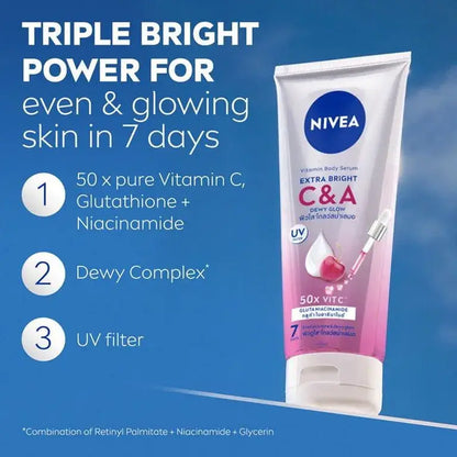 NIVEA Extra Bright C and A Body Serum showcasing its ingredients and benefits for glowing skin in 7 days.