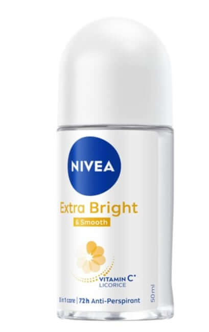 NIVEA Extra Bright Roll On Smooth Deodorant 8in1 Care 72h Derma 50ml with Vitamin C and Licorice.