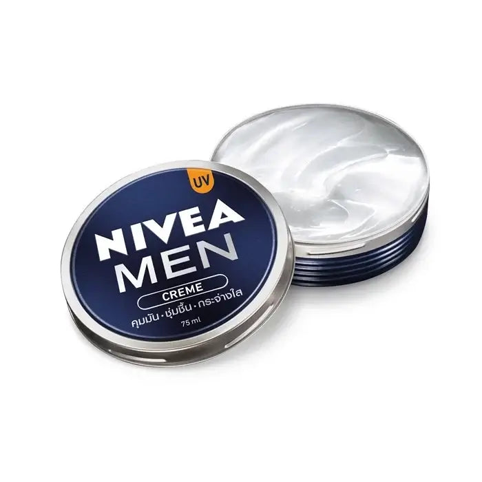 NIVEA MEN Creme tin opened showing white hydrating cream texture