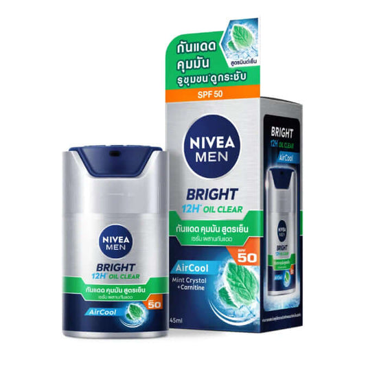 NIVEA MEN Oil Clear Serum bottle and packaging box with SPF50 AirCool formula