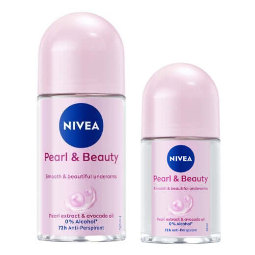 NIVEA Pearl Beauty Roll On Deodorant bottles showcasing smooth and beautiful underarms with avocado oil.