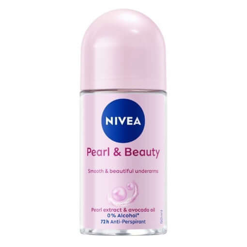 NIVEA Pearl Beauty Roll On deodorant bottle featuring pearl extract and avocado oil for 72h anti-perspirant protection.