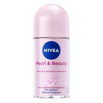 NIVEA Pearl Beauty Roll On deodorant bottle featuring pearl extract and avocado oil for 72h anti-perspirant protection.