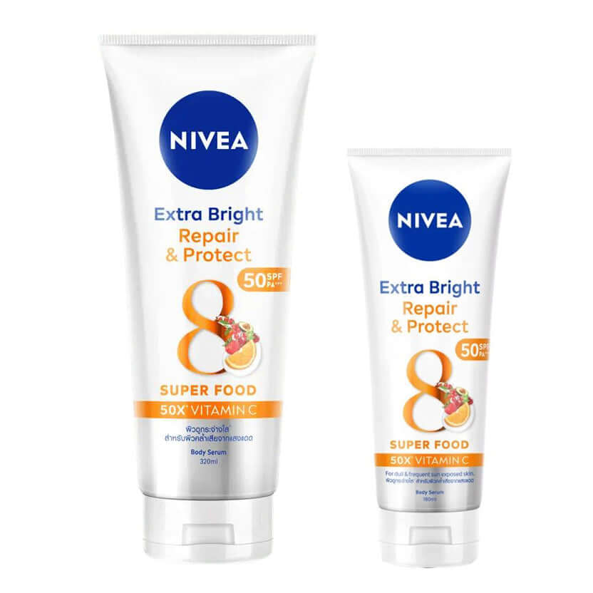 NIVEA Repair Protect Body Serum with SPF50 and 50X Vitamin C for radiant skin in two sizes.