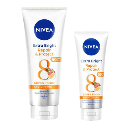 NIVEA Repair Protect Body Serum with SPF50 and 50X Vitamin C for radiant skin in two sizes.