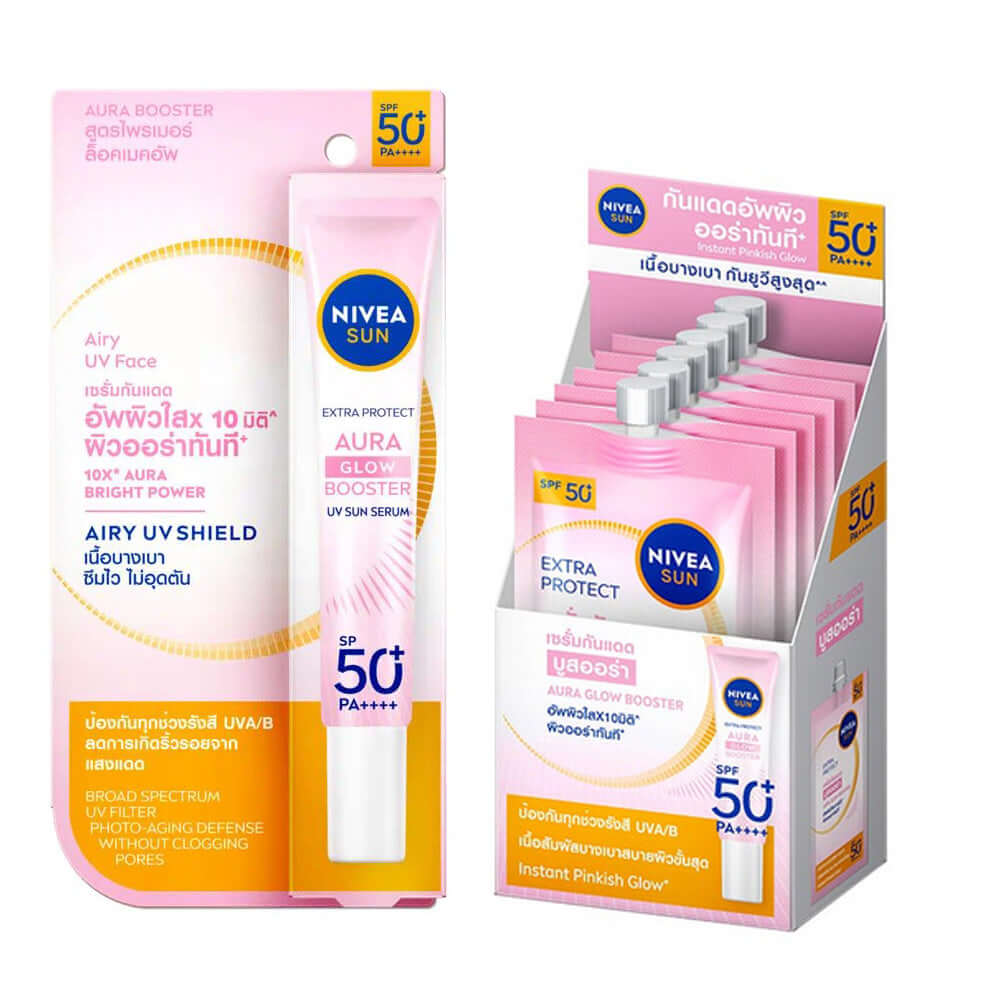 NIVEA Sun Aura Glow Booster Serum product set including a tube and a box