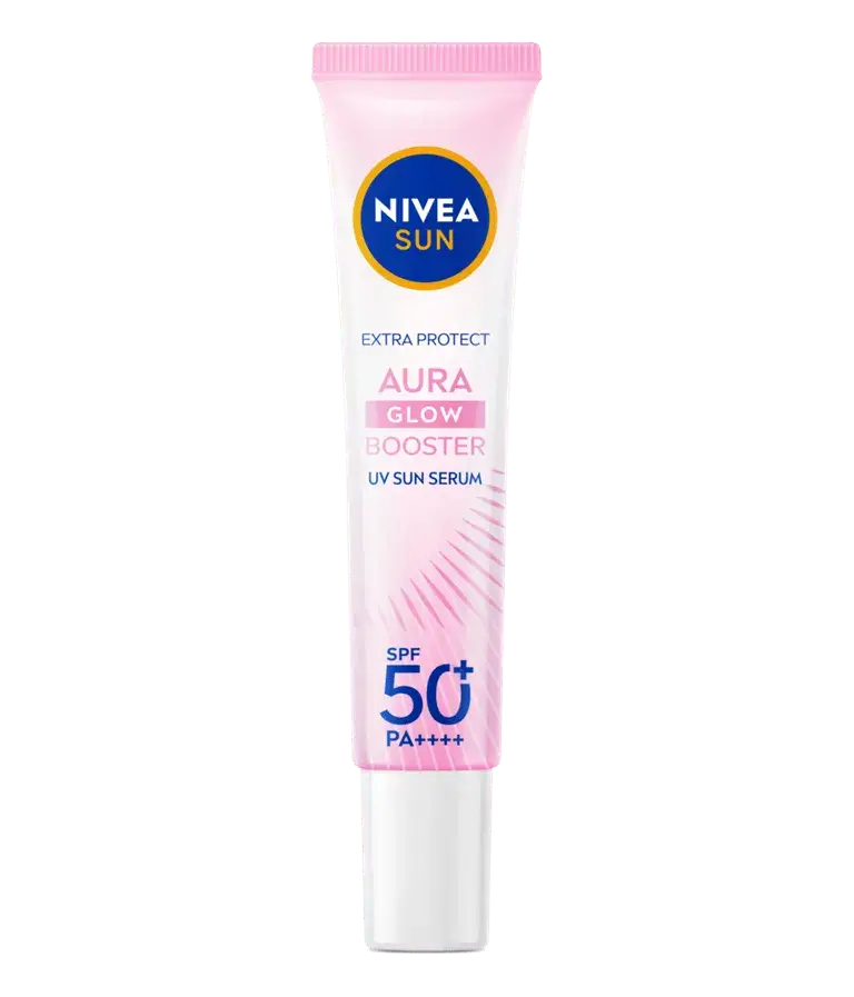 Standing tube of NIVEA Sun Aura Glow Booster Serum with blue cap and label