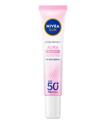 Standing tube of NIVEA Sun Aura Glow Booster Serum with blue cap and label