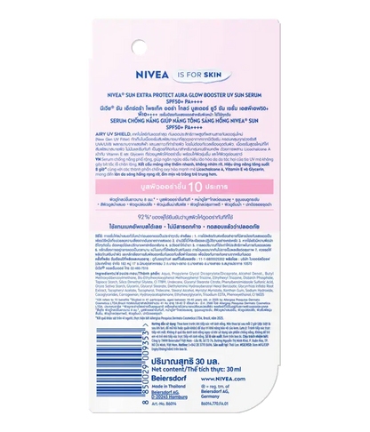 Back view of NIVEA Sun Aura Glow Booster Serum sachet packaging with text