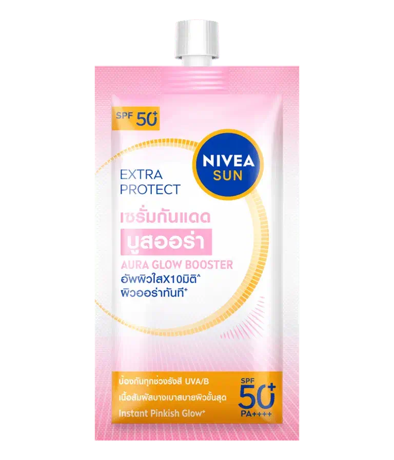 NIVEA Sun Aura Glow Booster Serum Extra Protect SPF50 Sunscreen Face in pink packaging for sun protection.