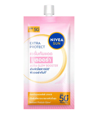 NIVEA Sun Aura Glow Booster Serum Extra Protect SPF50 Sunscreen Face in pink packaging for sun protection.
