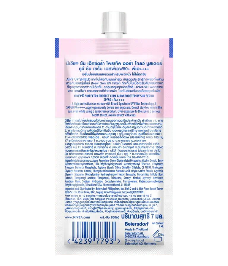 Back view of NIVEA Sun Aura Glow Booster Serum Extra Protect SPF50 Sunscreen packaging with product details