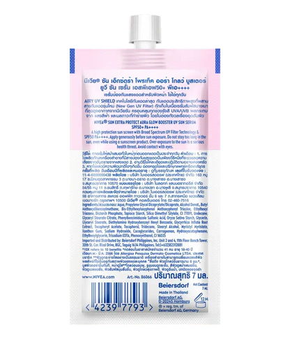 Back view of NIVEA Sun Aura Glow Booster Serum Extra Protect SPF50 Sunscreen packaging with product details