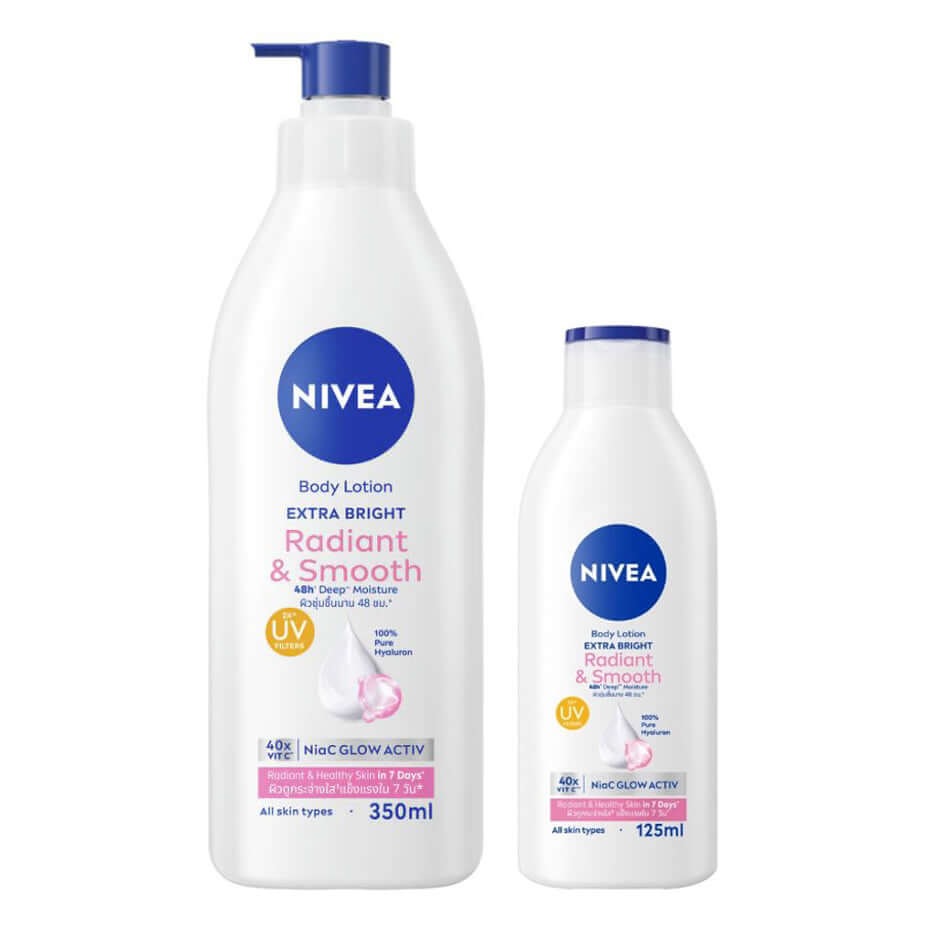 NIVEA Radiant Smooth Body Lotion Extra Bright in 125ml and 350ml bottles for deep moisture care and radiance.