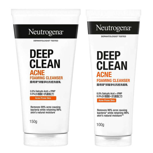 Neutrogena Deep Clean Acne Cleanser facial foam tubes in 150g and 100g sizes lineup set.