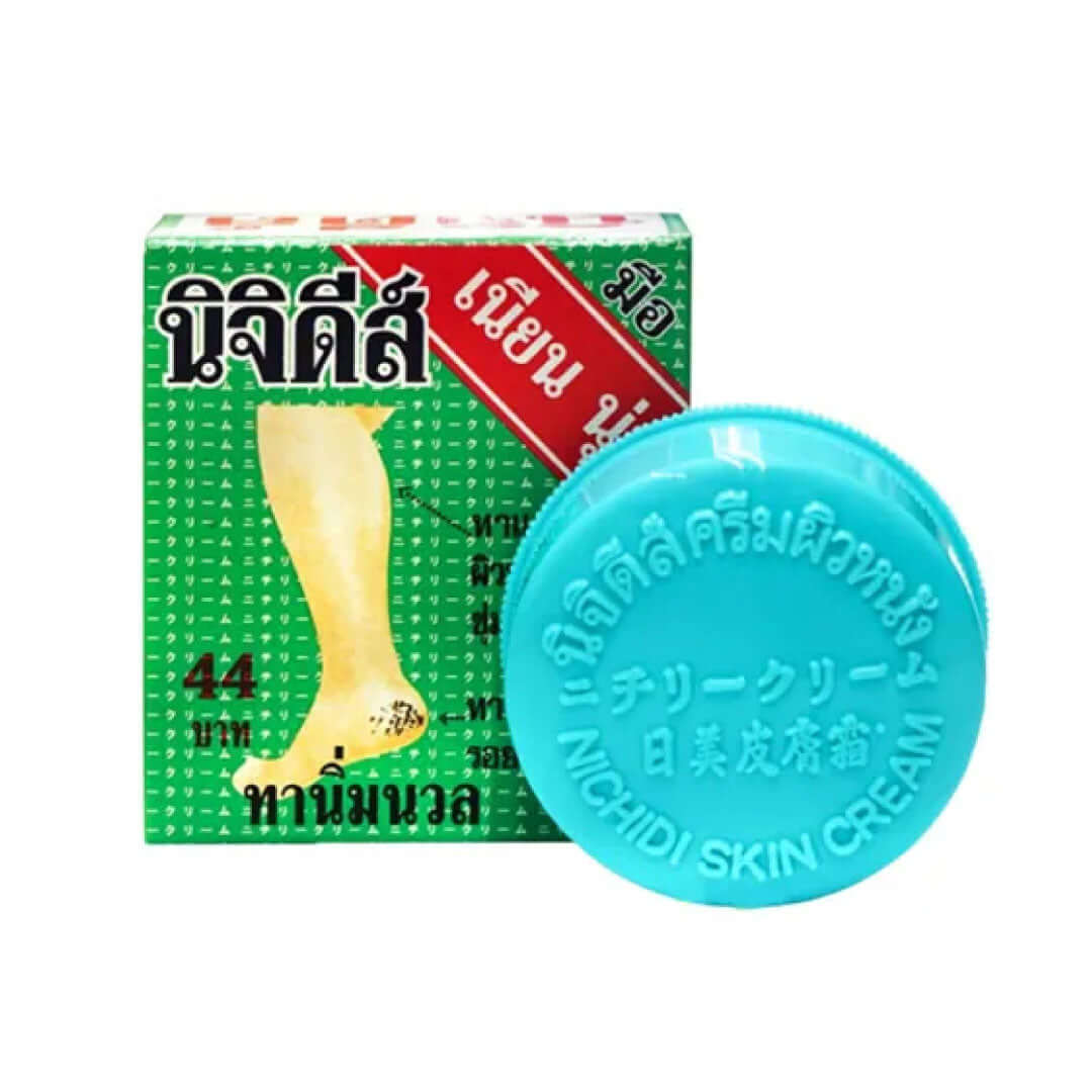 NICHIDI Cracked Skin Cream 8.3g box and round blue jar packaging