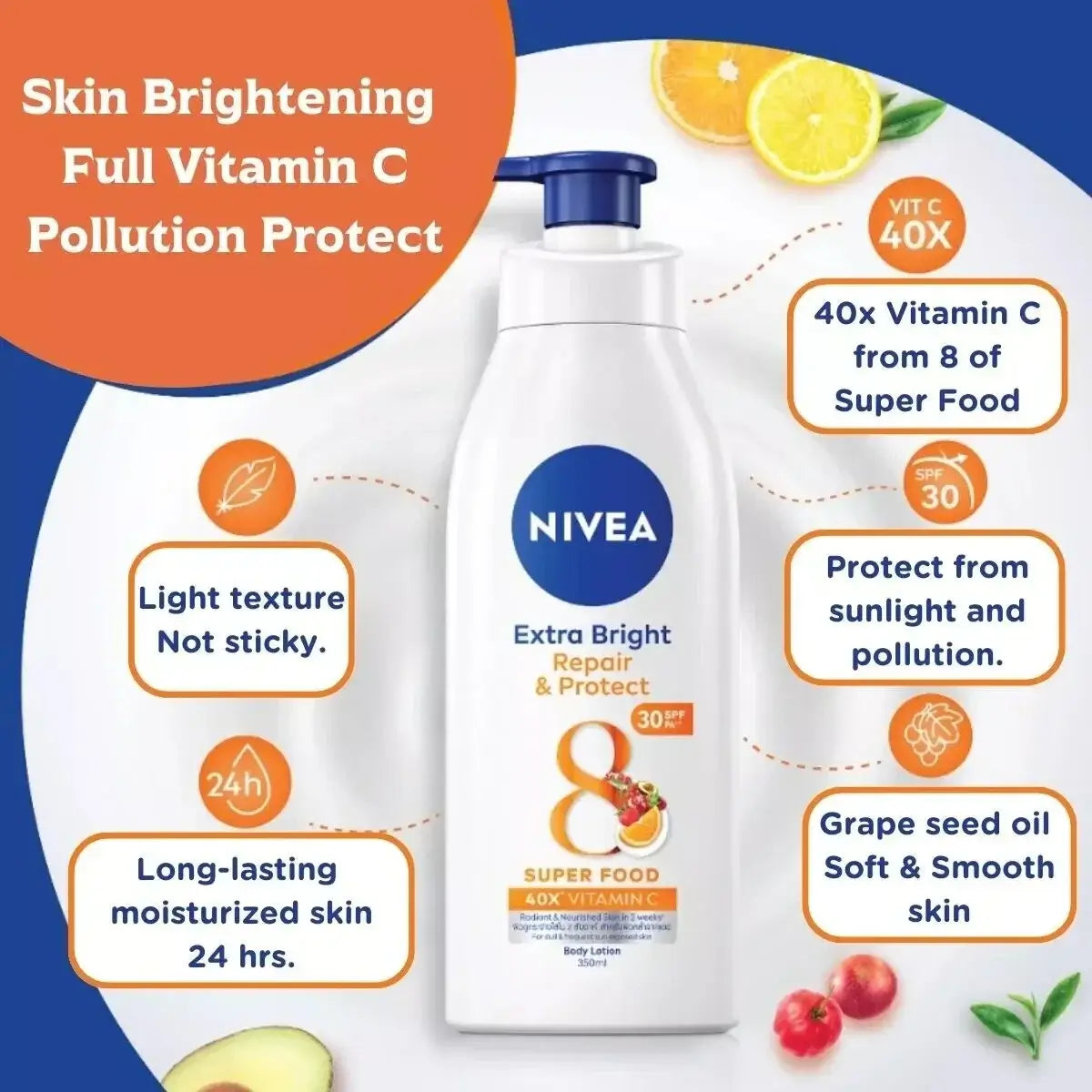 Nivea Extra Bright Body Lotion SPF30 40X Vitamin C Daily Body Care Benefits Chart