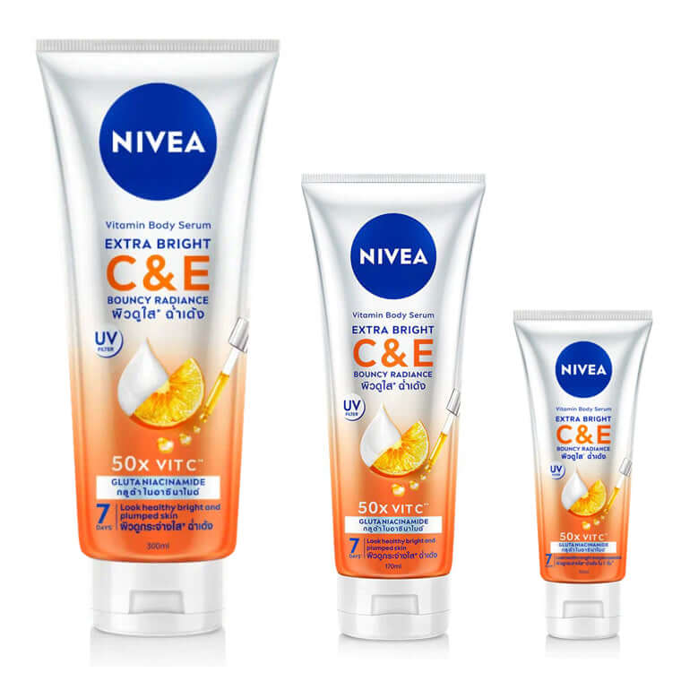 Nivea Extra Bright C E Vitamin Body Serum tubes in three different sizes 300ml 170ml and 70ml