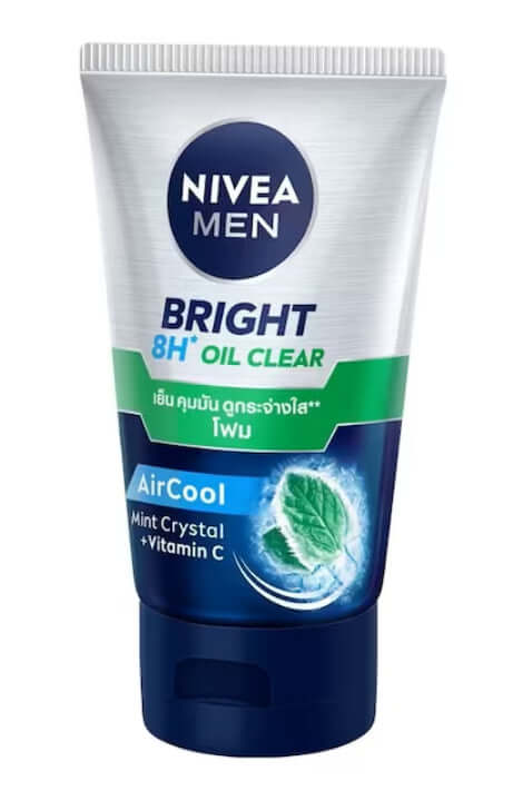 Nivea Men 8H Oil Clear Foam facial wash tube positioned at a slight angle showcasing the front label packaging.