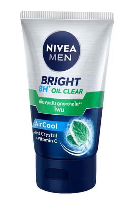 Nivea Men 8H Oil Clear Foam facial wash tube positioned at a slight angle showcasing the front label packaging.