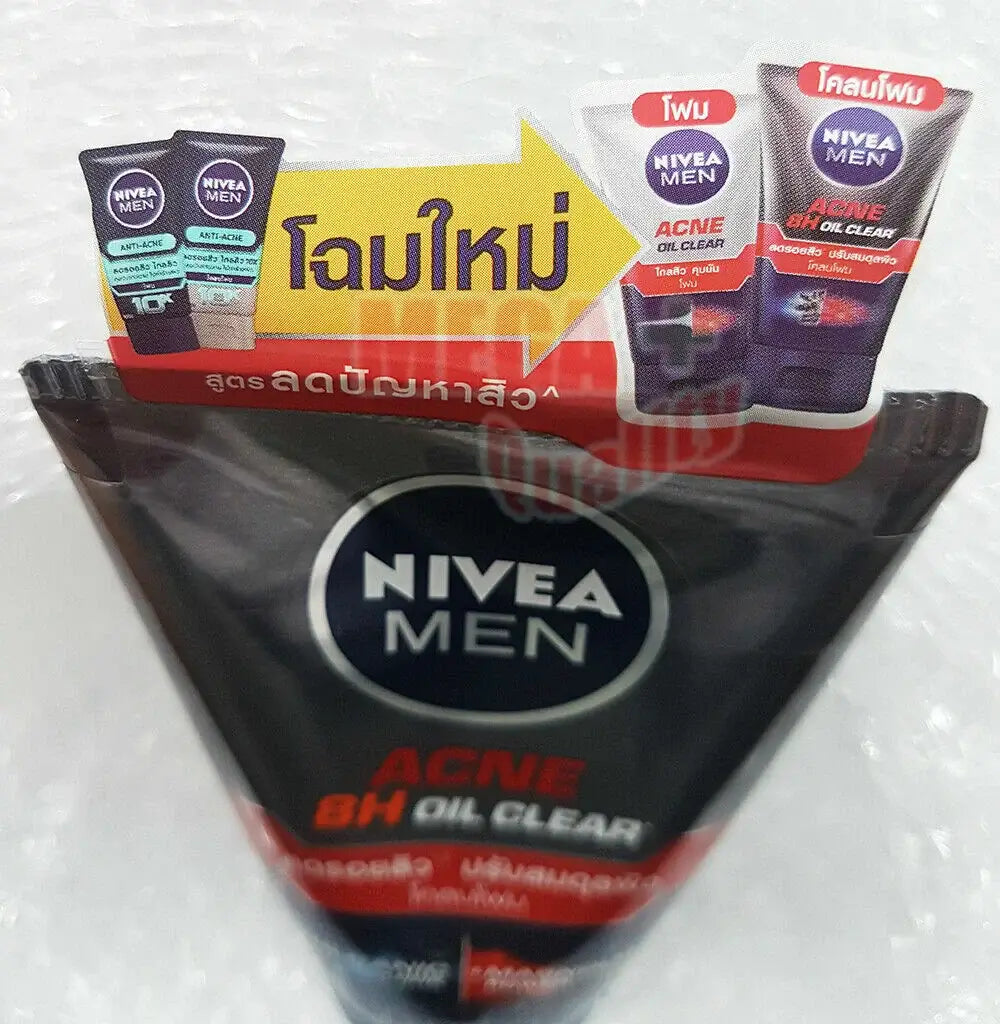 Nivea Men Acne Mud Foam promotional images including other products and display.