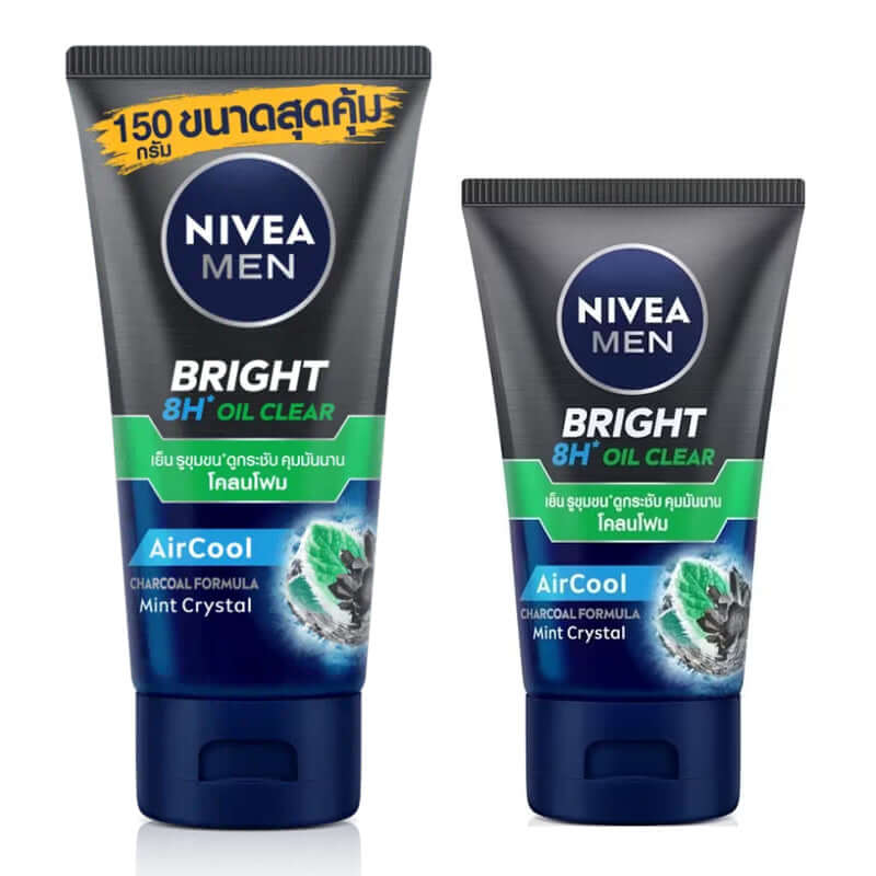 Nivea Men Mud Foam Bright AirCool Charcoal Facial OilClear Face Wash tubes, featuring 8-hour oil control and mint crystal formula.