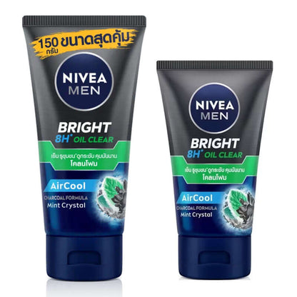 Nivea Men Mud Foam Bright AirCool Charcoal Facial OilClear Face Wash tubes, featuring 8-hour oil control and mint crystal formula.