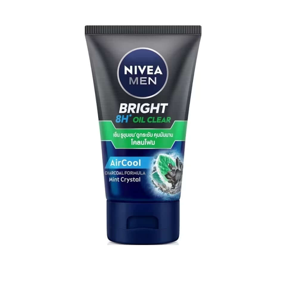 Nivea Men Mud Foam Bright AirCool Charcoal Facial OilClear Face Wash tube with mint crystal formula.