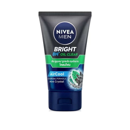 Nivea Men Mud Foam Bright AirCool Charcoal Facial OilClear Face Wash tube with mint crystal formula.