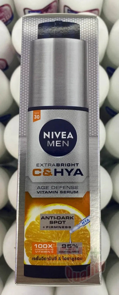 Front view of Nivea Men Vitamin Serum Extra Bright C and Hya SPF30 box packaging