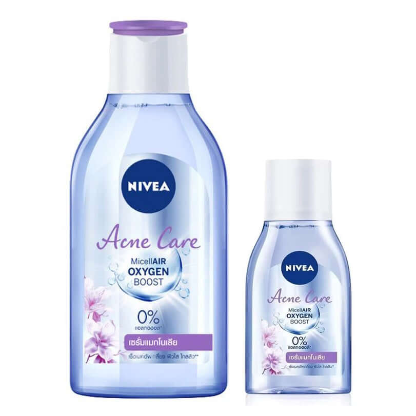 Nivea Micellar Water Acne Care Oxygen Boost Cleansing Makeup Cleanser bottles on display.