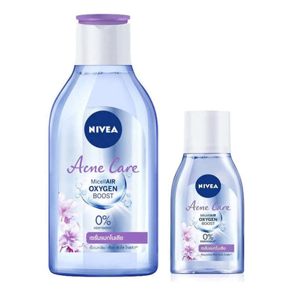 Nivea Micellar Water Acne Care Oxygen Boost Cleansing Makeup Cleanser bottles on display.