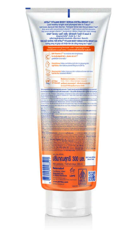 Nivea Extra Bright C E Vitamin Body Serum back packaging showing key ingredients and full ingredients list