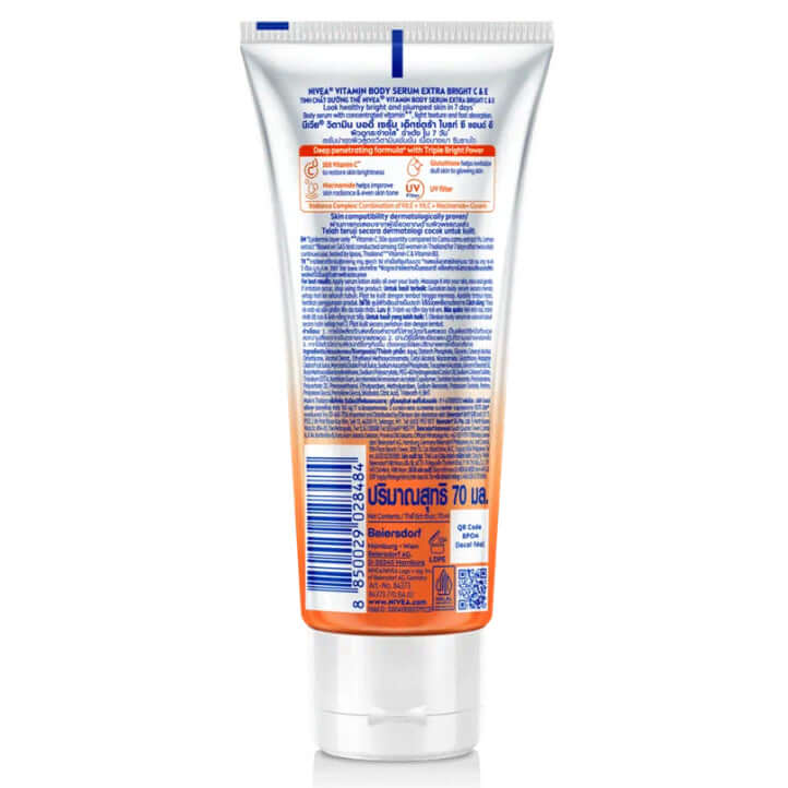 Nivea Extra Bright C E Vitamin Body Serum tube with details on nourishing skin and UV filter properties.