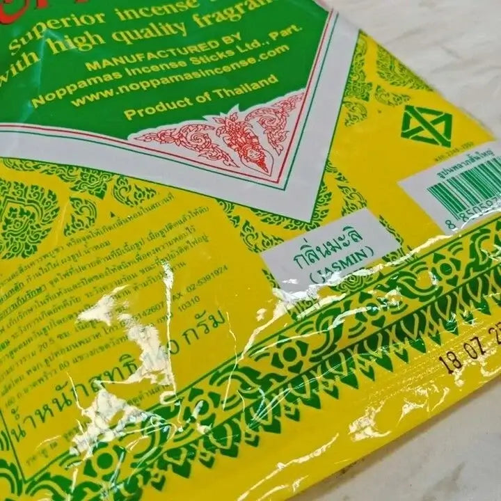Noppamas Incense Sticks angled view showing jasmine scent label and barcode