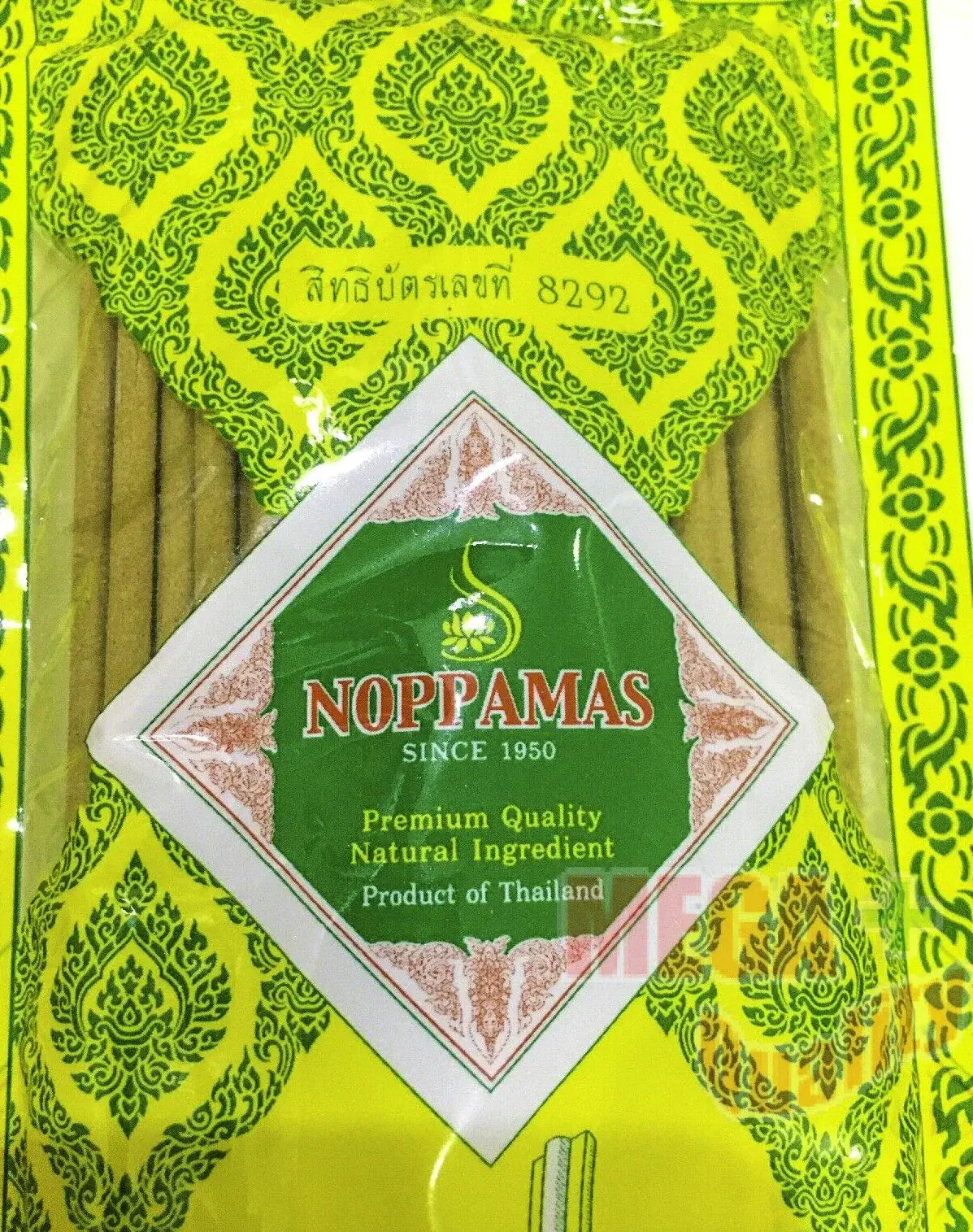 Noppamas Incense Sticks close up view of brand logo and natural ingredient badge