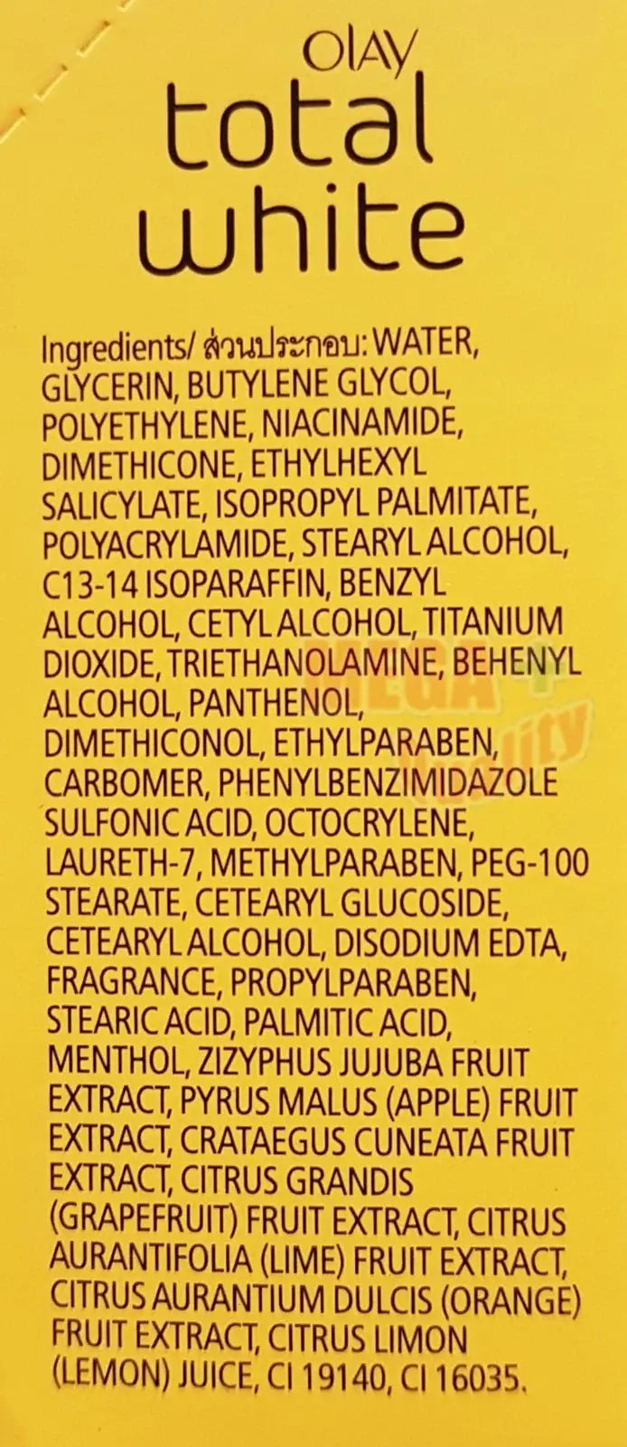 Olay Total White Spot Cream ingredients label with Niacinamide and fruit extracts
