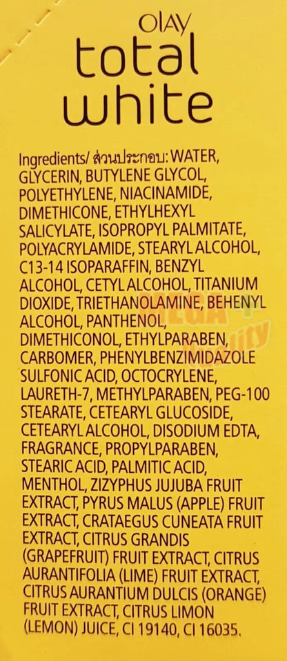 Olay Total White Spot Cream ingredients label with Niacinamide and fruit extracts