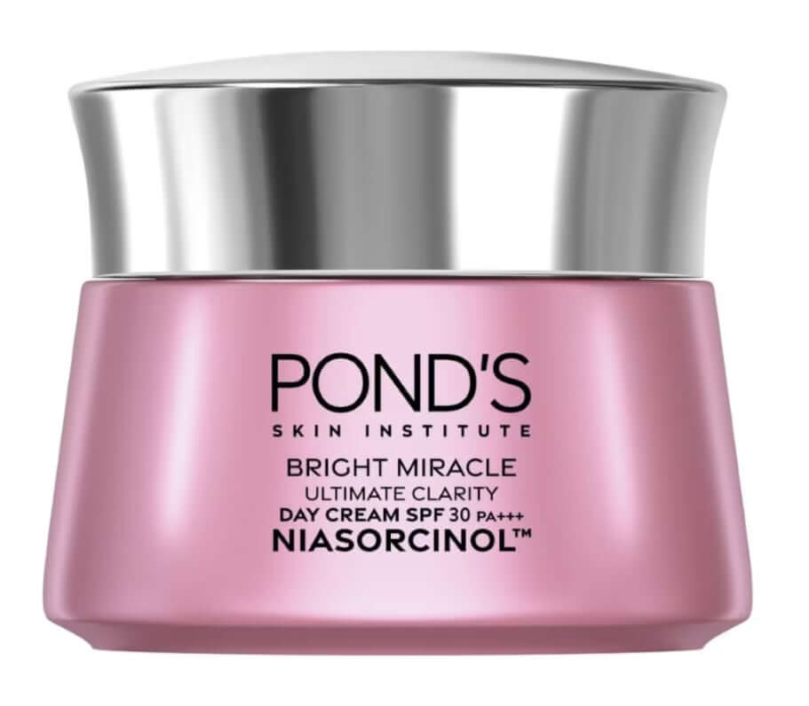 POND'S Bright Miracle Cream Ultimate Clarity Day SPF30 Niasorcinol in a pink jar to enhance skin radiance and protection.