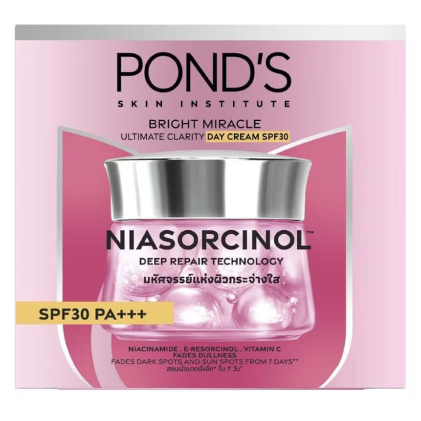 POND'S Bright Miracle Cream Ultimate Clarity Day SPF30 Niasorcinol packaging, moisturizer for brightening and sun protection.