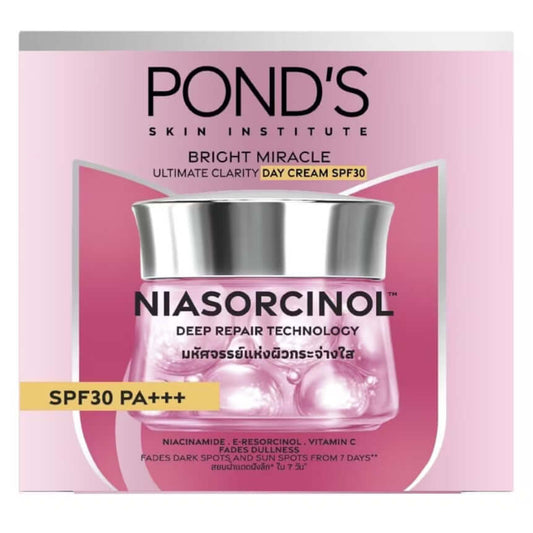 POND'S Bright Miracle Cream Ultimate Clarity Day SPF30 Niasorcinol packaging, moisturizer for brightening and sun protection.