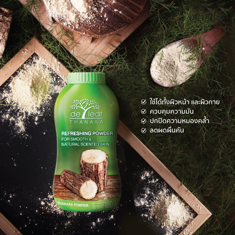 De Leaf Thanaka Talcum Powder product collage showing bottle and texture details